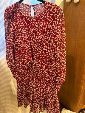 LK Bennett Red and Cream Long Sleeve Tie-Front Midi Dress